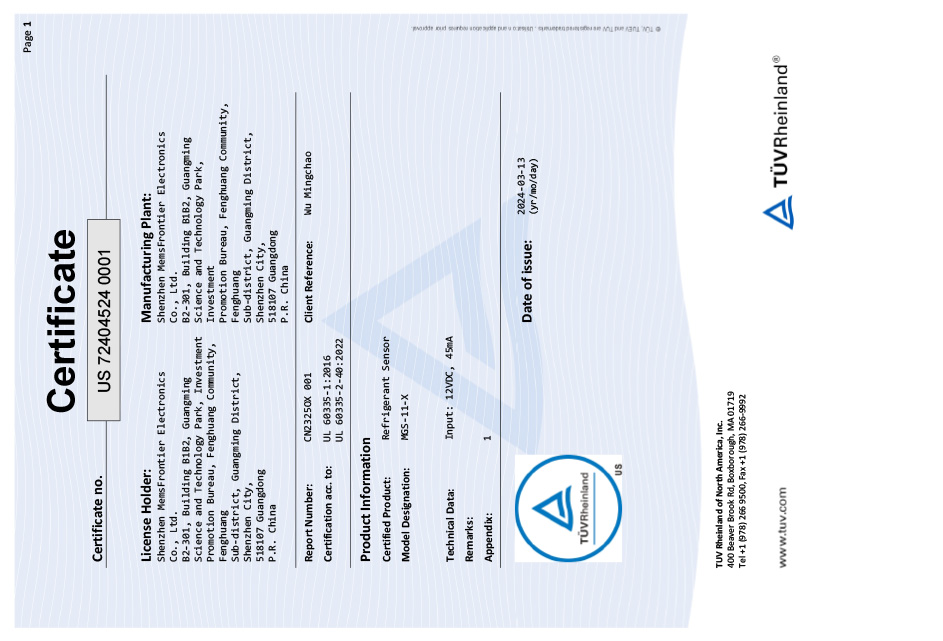 Refrigerant sensor UL certification