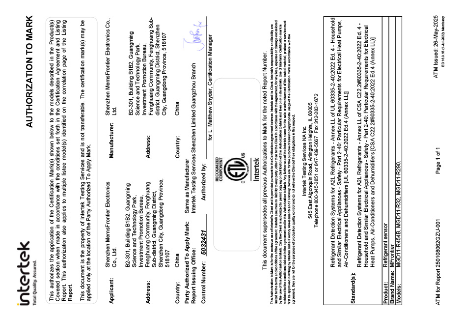 Refrigerant sensor ETL certification